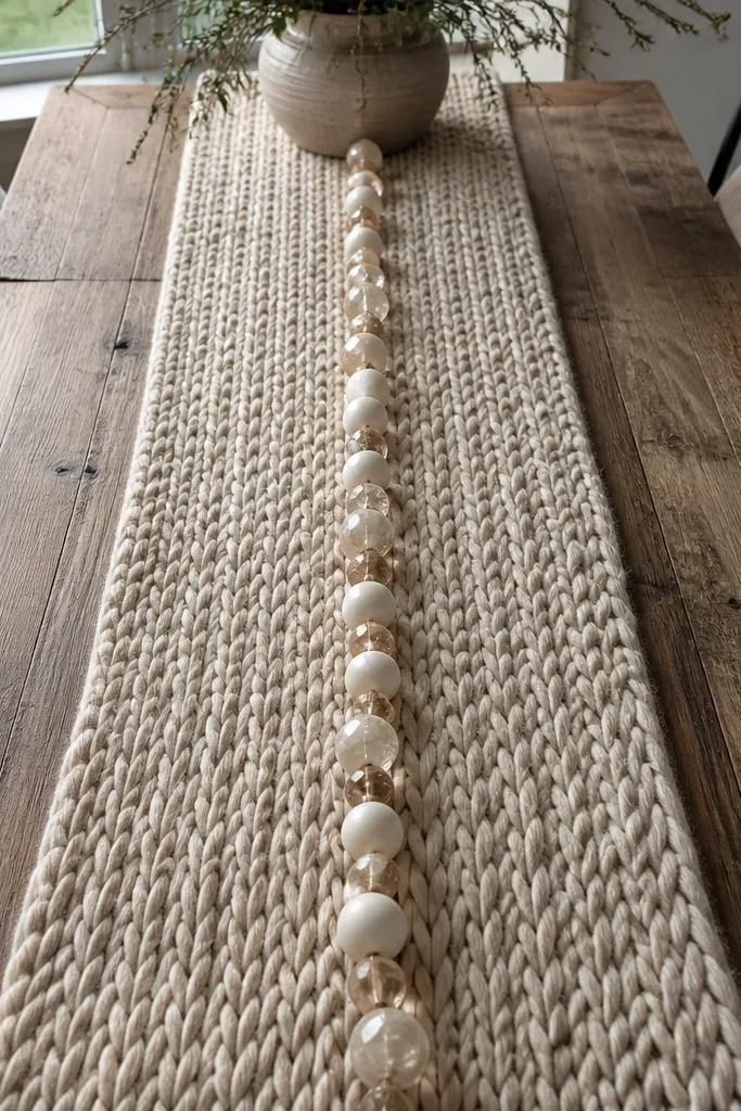 Chunky knit runner with a short neutral bead garland across the center