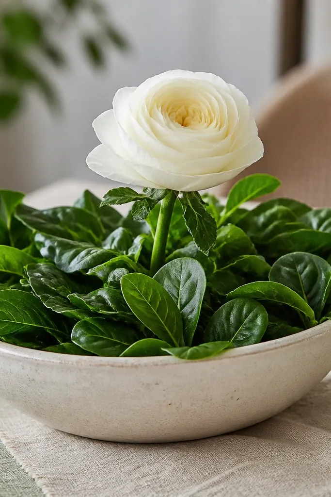 Bowl with grocery-store greens and one single bloom in neutral tones