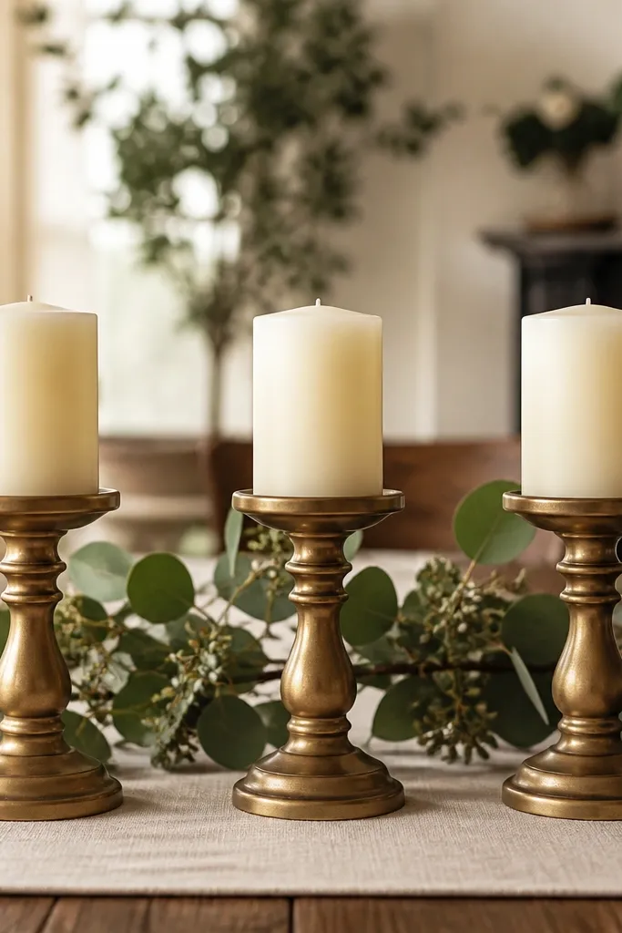 Three matching candle holders on a runner with warm tones