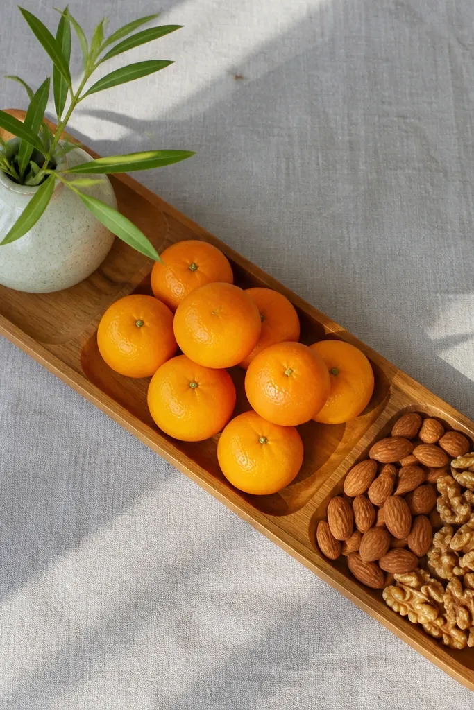 Long tray with fruit and nuts plus one small vase in the center