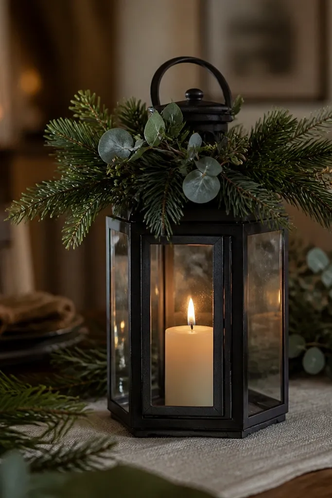 Lantern with a small wreath and pine sprigs on a linen runner