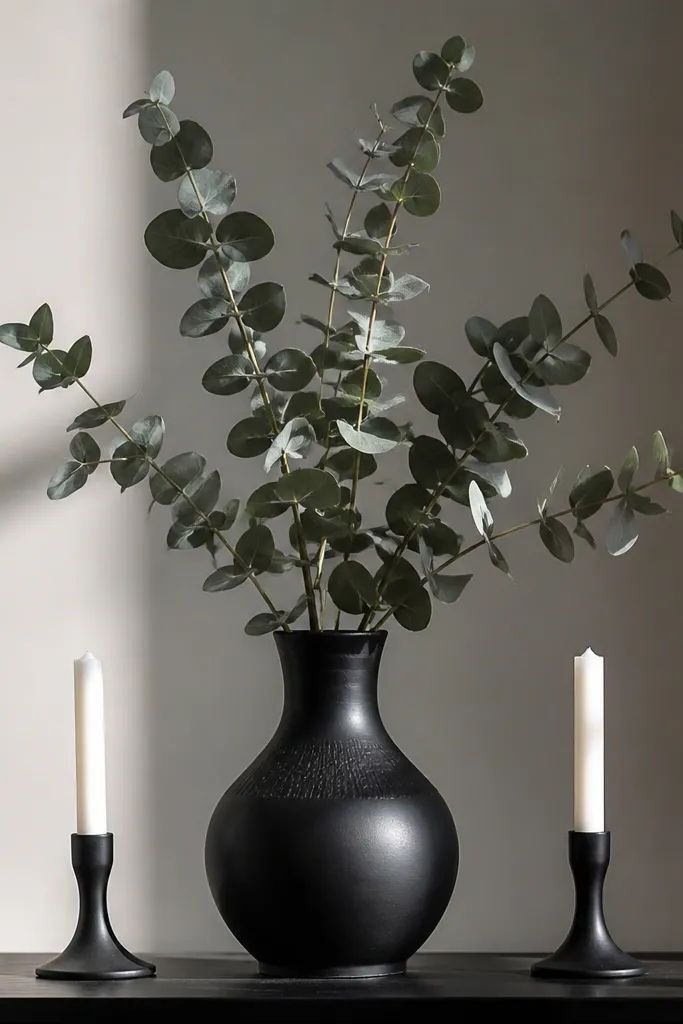 Matte black vase between white taper candles with eucalyptus sprigs