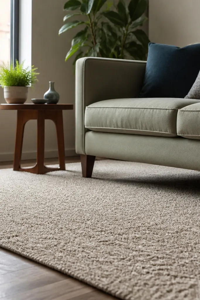 Cream and camel rug under a small sofa with coffee table centered