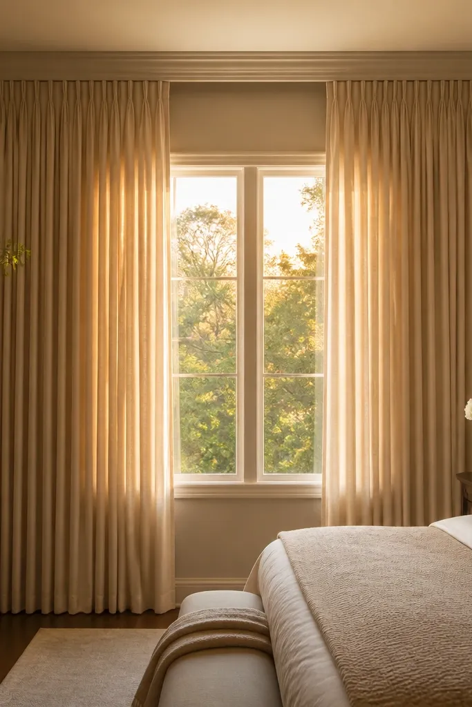 Floor-length warm beige curtains mounted high with soft folds
