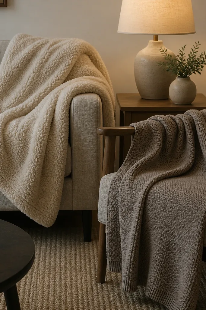 Neutral teddy throw draped over sofa arm with matching knit throw on chair