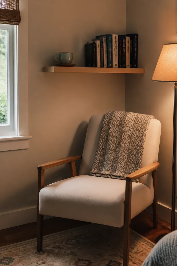 Small corner nook with a wall ledge shelf and warm lamp beside an armchair