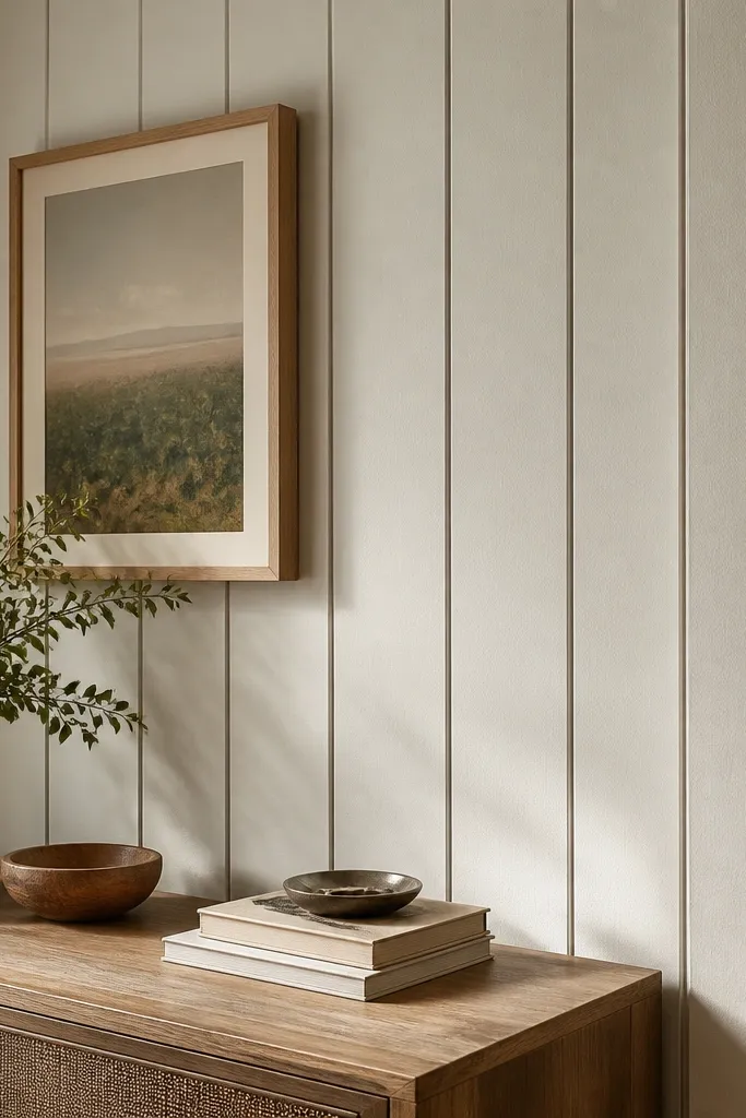 Warm off-white board-and-batten stripes on a small wall panel