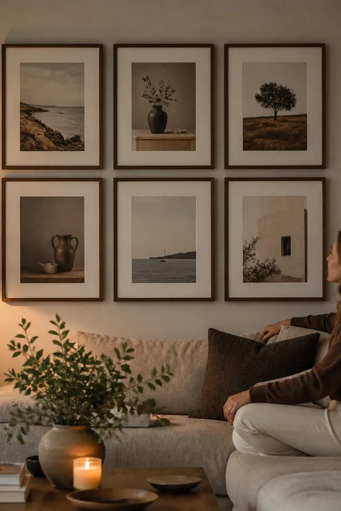Warm gallery wall with six matching frames arranged in a clean grid