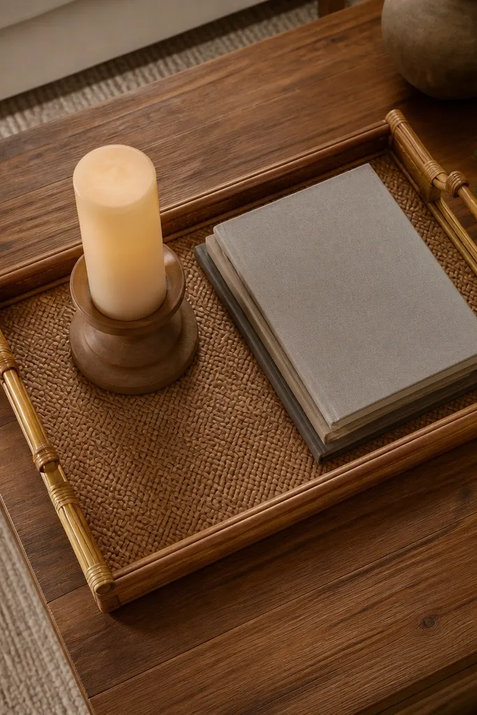 Wood coffee table with a tray, tall candle, and small book stack