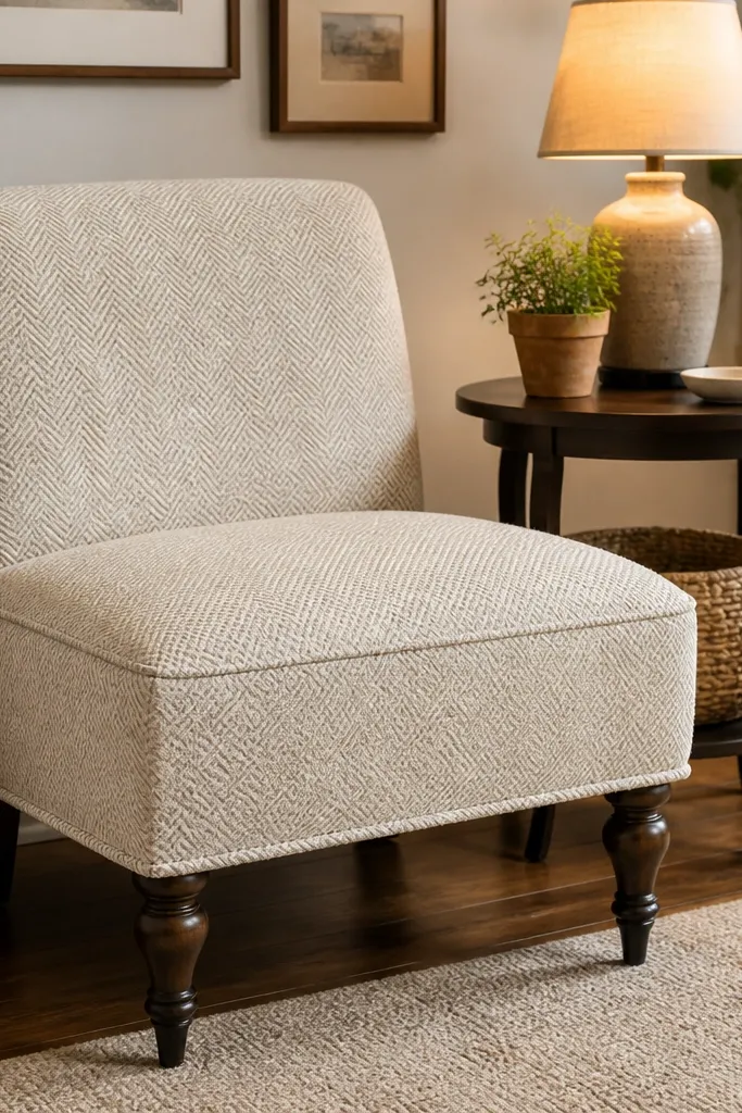 Small accent chair in warm textured fabric with clean slipcover lines
