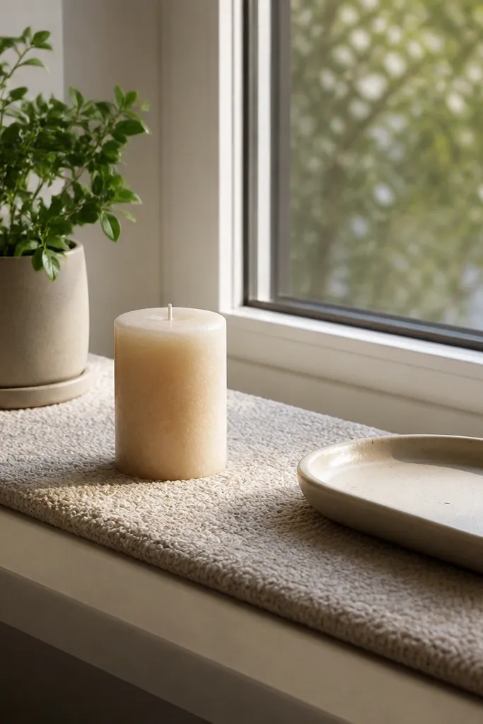 Sill styled with small objects and a textured runner in warm neutral
