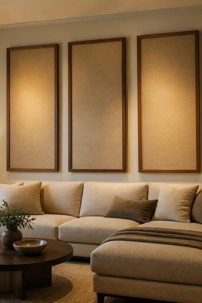 Framed linen fabric panels arranged like art above a small console