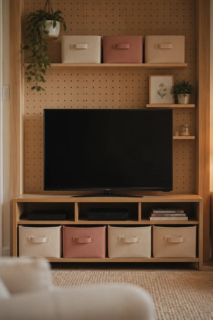 Pegboard media wall with fabric bins and warm lamp lighting
