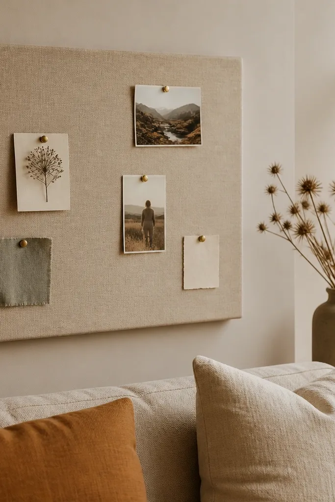 Fabric-covered board mounted on wall with pinned notes and a small frame