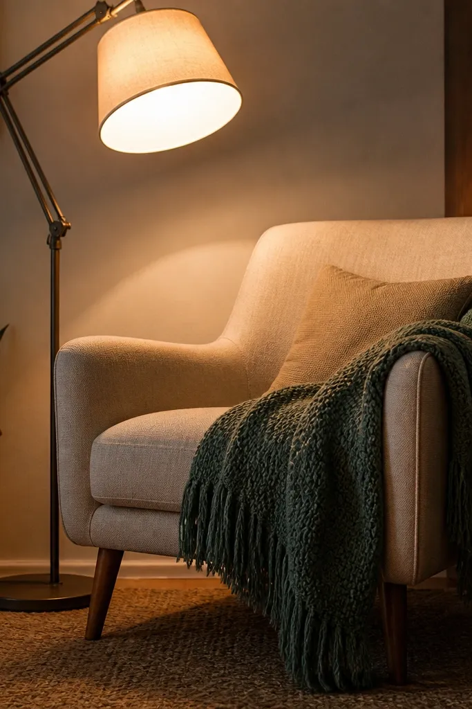 Warm floor lamp with fabric shade aimed toward sofa seating