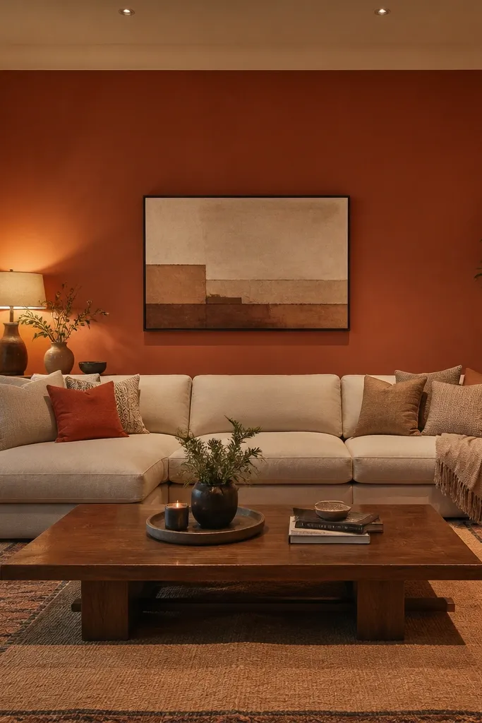 Warm clay painted wall behind sofa with soft neutrals and framed art