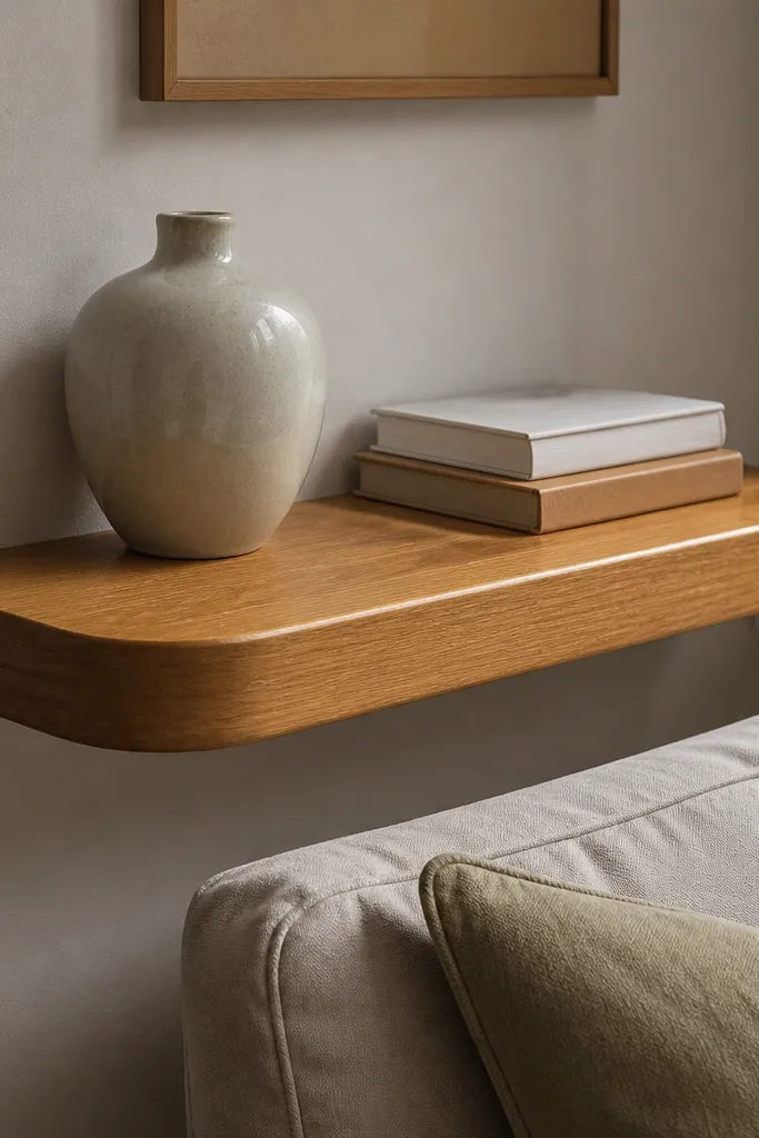 Floating wood shelf with warm stain above a sofa holding books and ceramics
