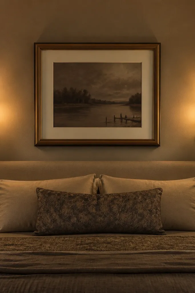 Two plug-in wall sconces with warm light flanking framed art