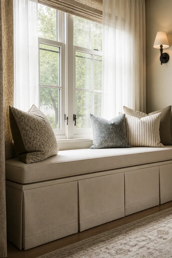 Small upholstered bench under window with soft cushions and storage space