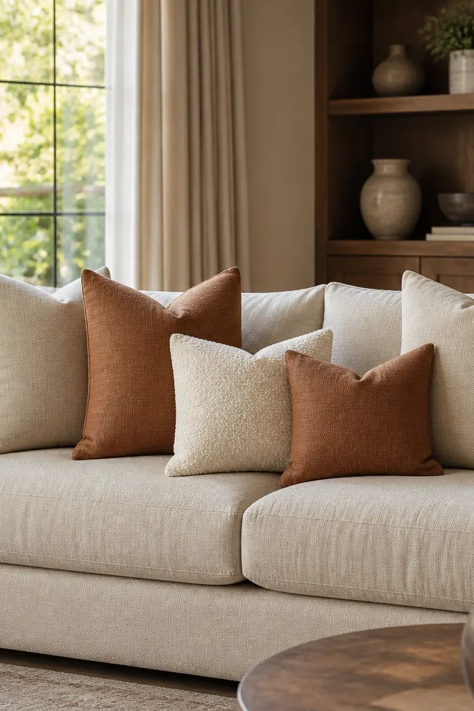 Sofa with two pillow sizes in warm tones and one textured accent