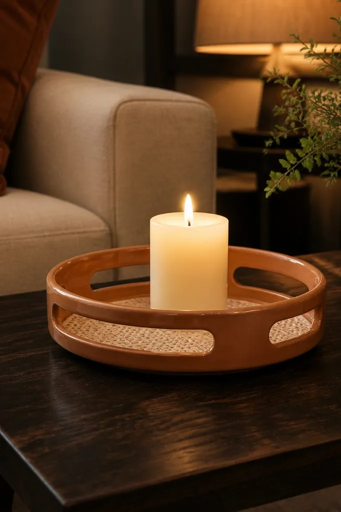 Ceramic candle tray with two unscented candles and a small match holder