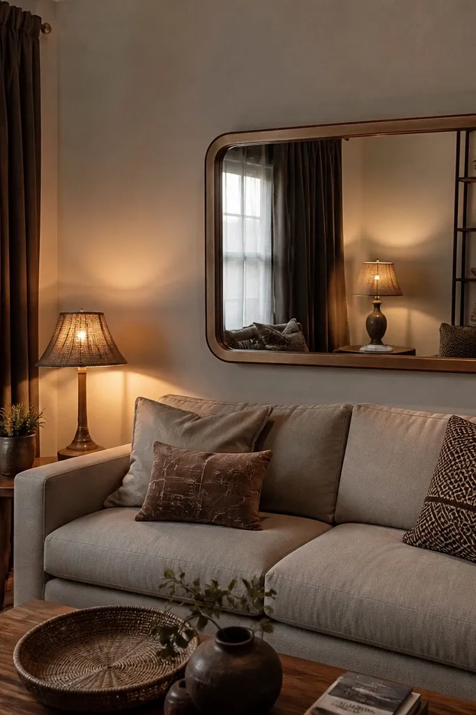 Rounded mirror with warm frame reflecting lamp light across the room