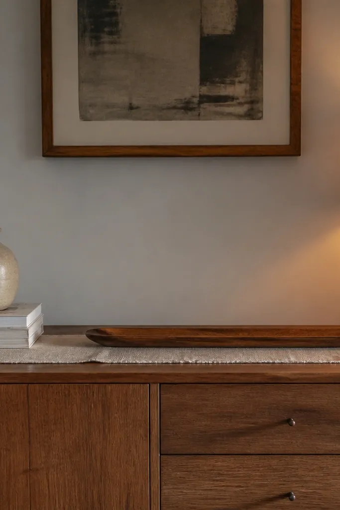 Narrow sideboard with a vertical book stack, long tray, and ceramic pieces