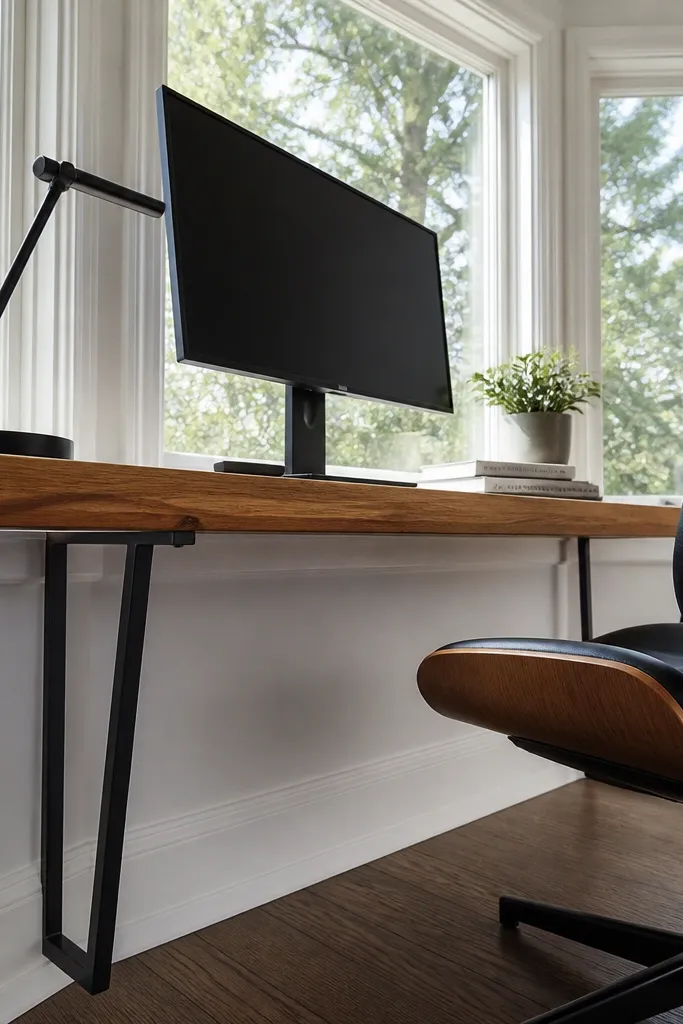 Light oak shelf desk with black metal legs in a bay window