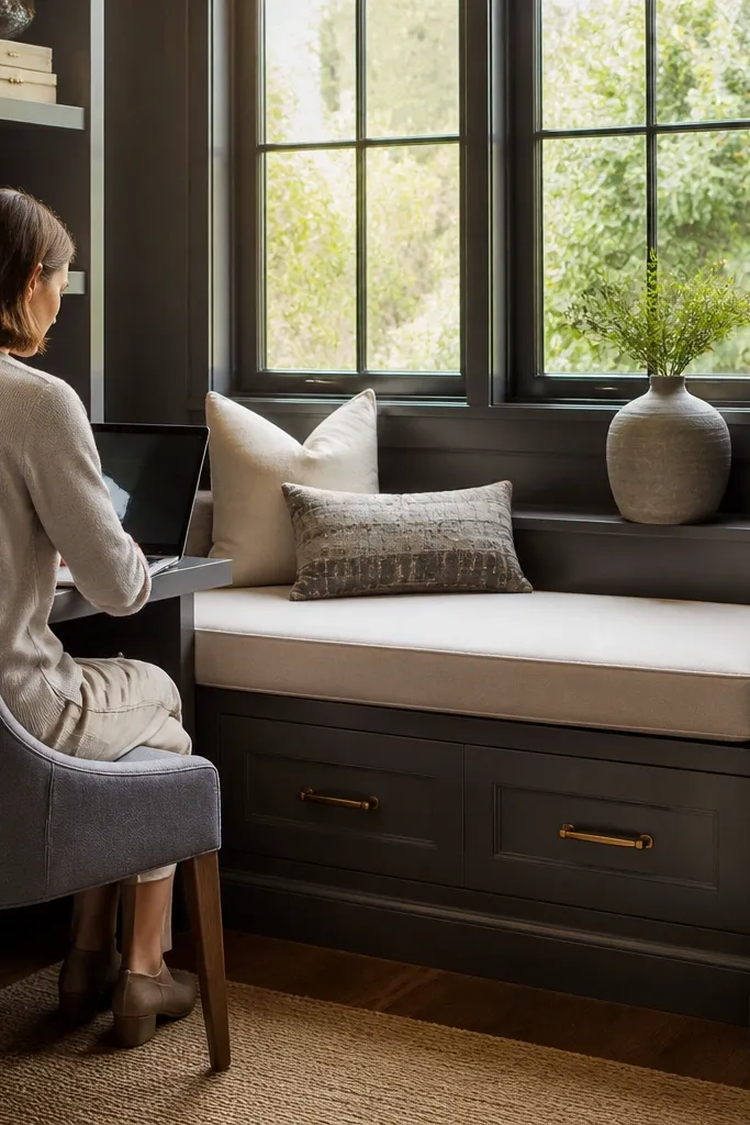 Bench with hinged top open to reveal storage under a bay window