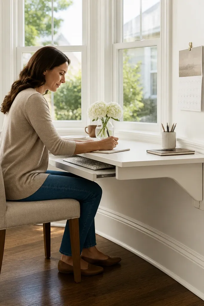 Wall-mounted drop-leaf desk folded up beside a bay window