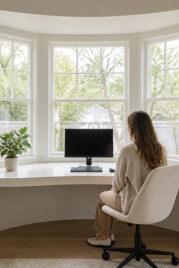 Matte painted desk with a continuous desktop across a bay window
