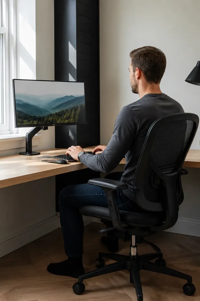 Angle desk with L-bracket supports and a vertical cable panel