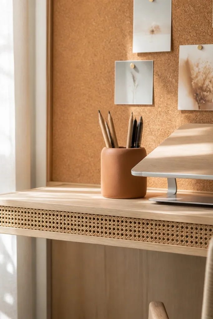 Light wood writing ledge with rattan trim and cork board behind a bay window