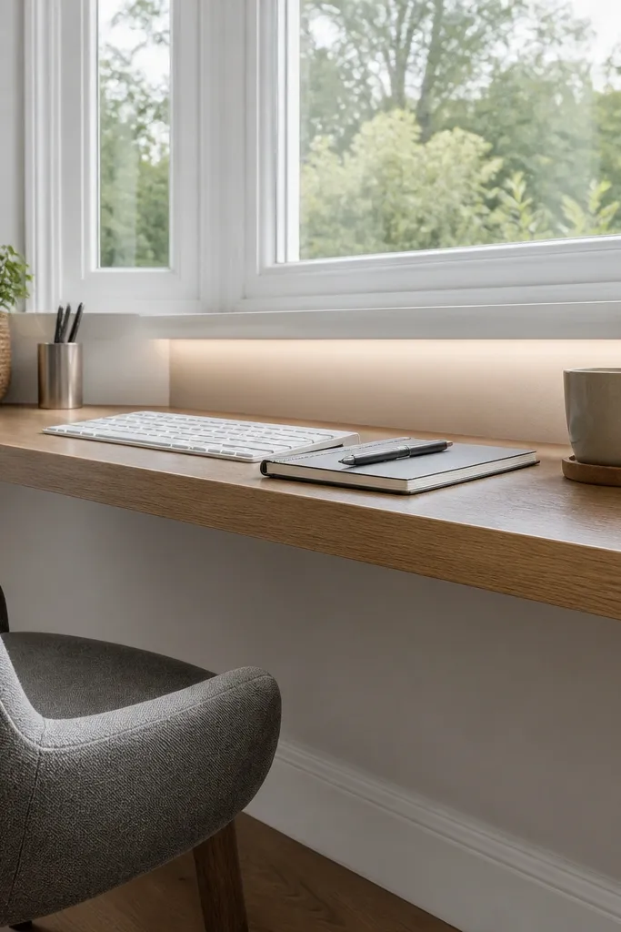 Floating desk shelf with a slim light under it under a bay window