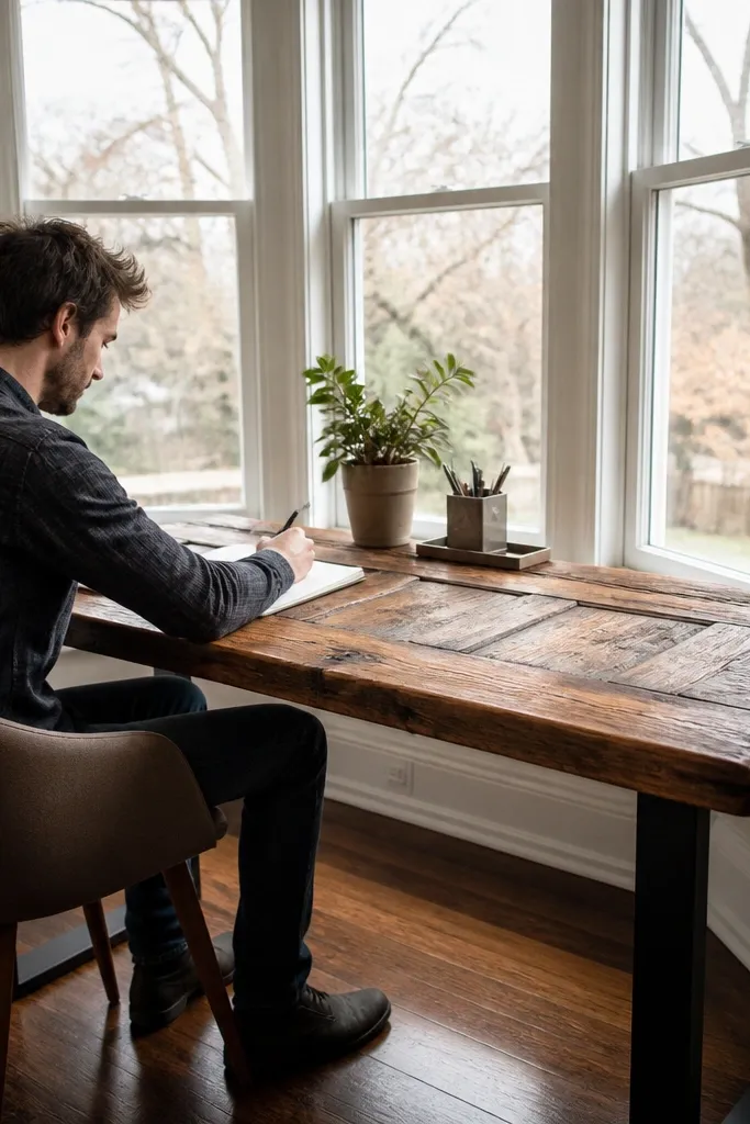 Reclaimed wood door slab desk on simple console supports in a bay window