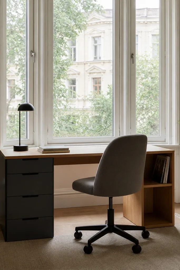 Slim desk with one drawer cabinet and one open shelf beside a bay window
