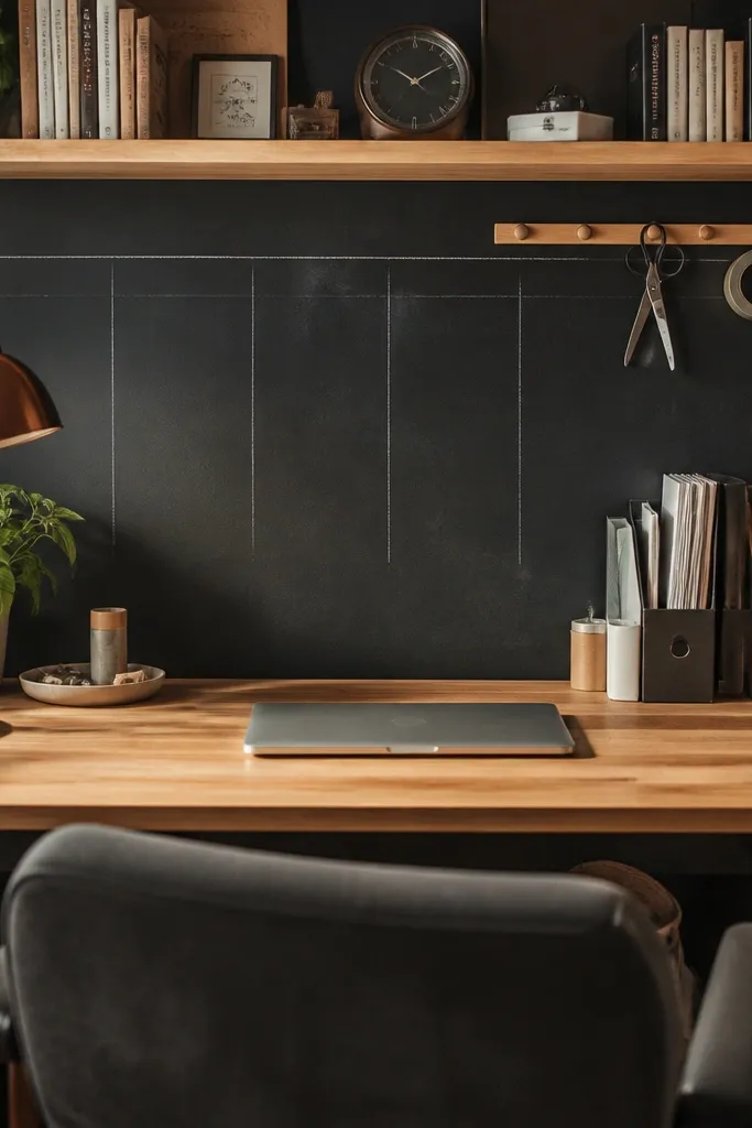 Chalkboard panel behind desk with a peg rail holding tools
