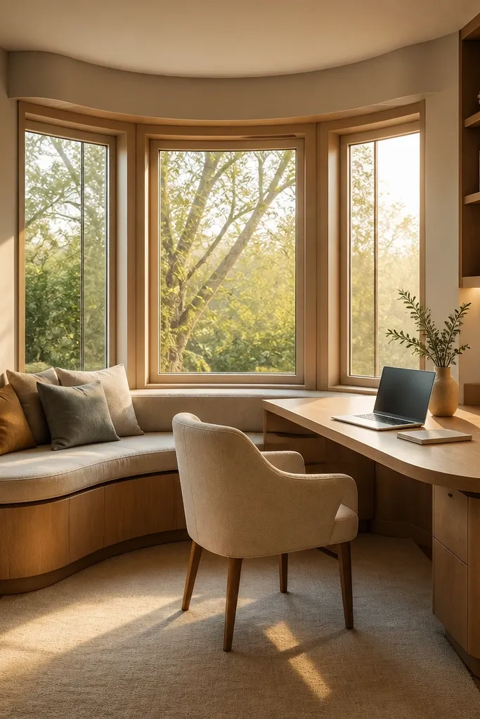 Desk top with rounded edge trim on a bay window seat