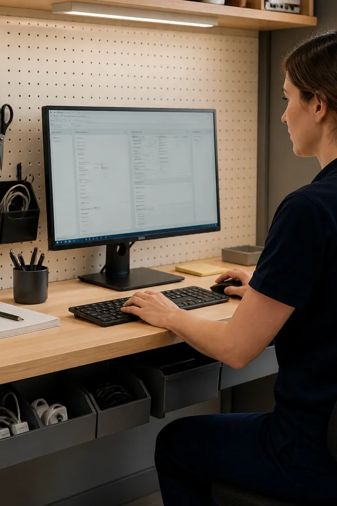 Pegboard above desk with small bins under it in a bay window