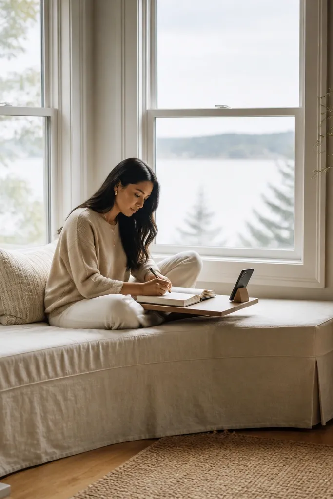 Bay window bench desk with linen cushion and a hidden storage tray