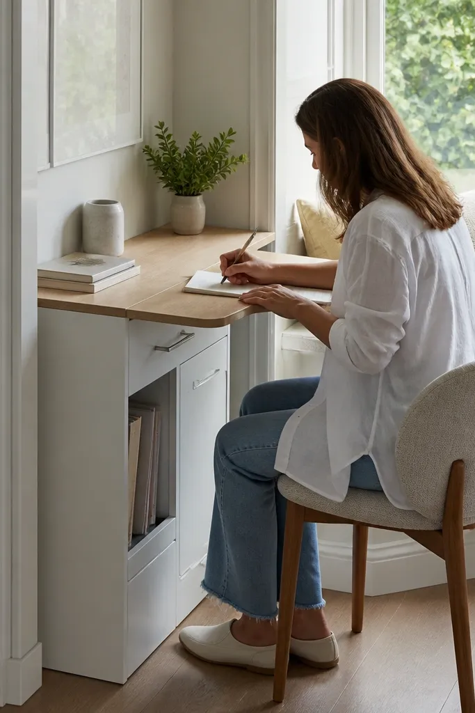 Narrow cabinet with fold-down desk top in a bay window