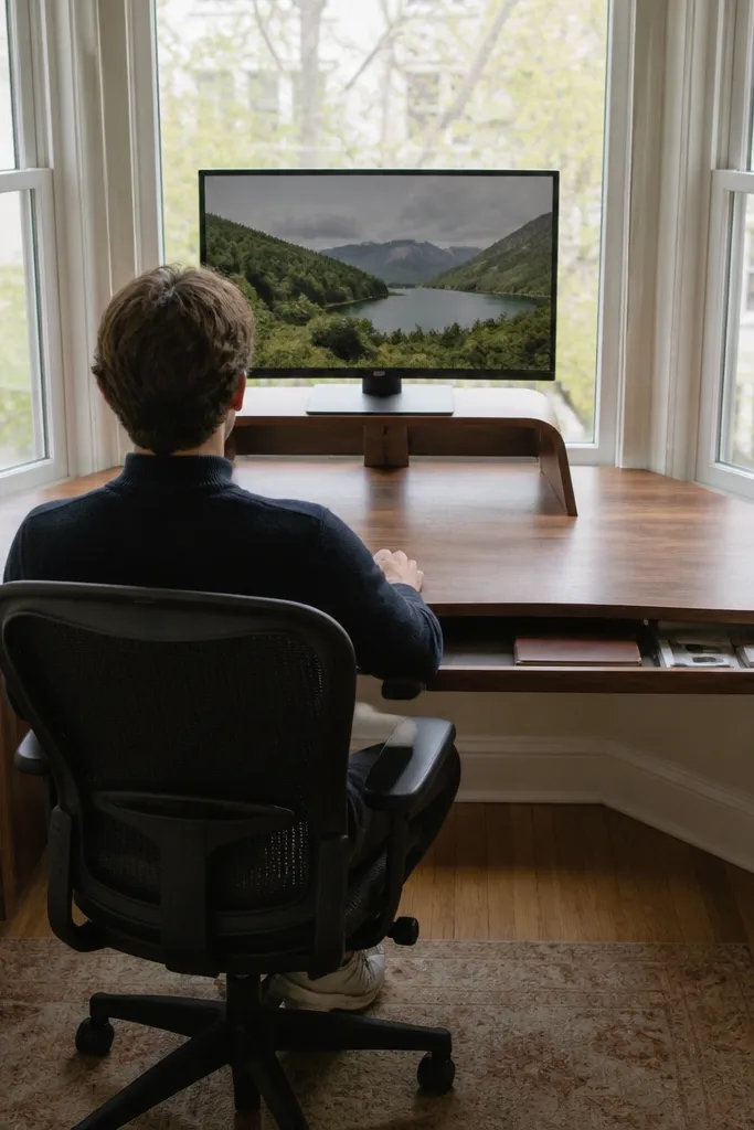 Desk with built-in monitor stand and a small drawer under the work surface