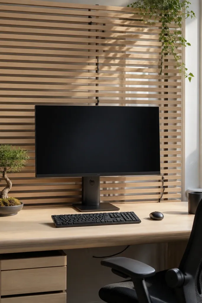 Slatted wood panel behind desk with a monitor and tidy cables