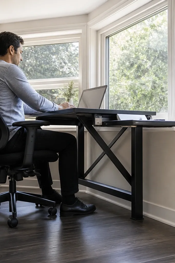 Laptop tray desk mounted in bay with clear space for a rolling chair