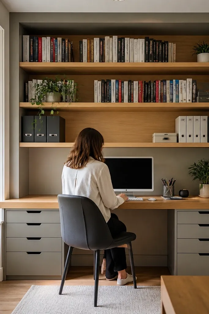 Book shelves above and closed drawers below a desk in a bay window