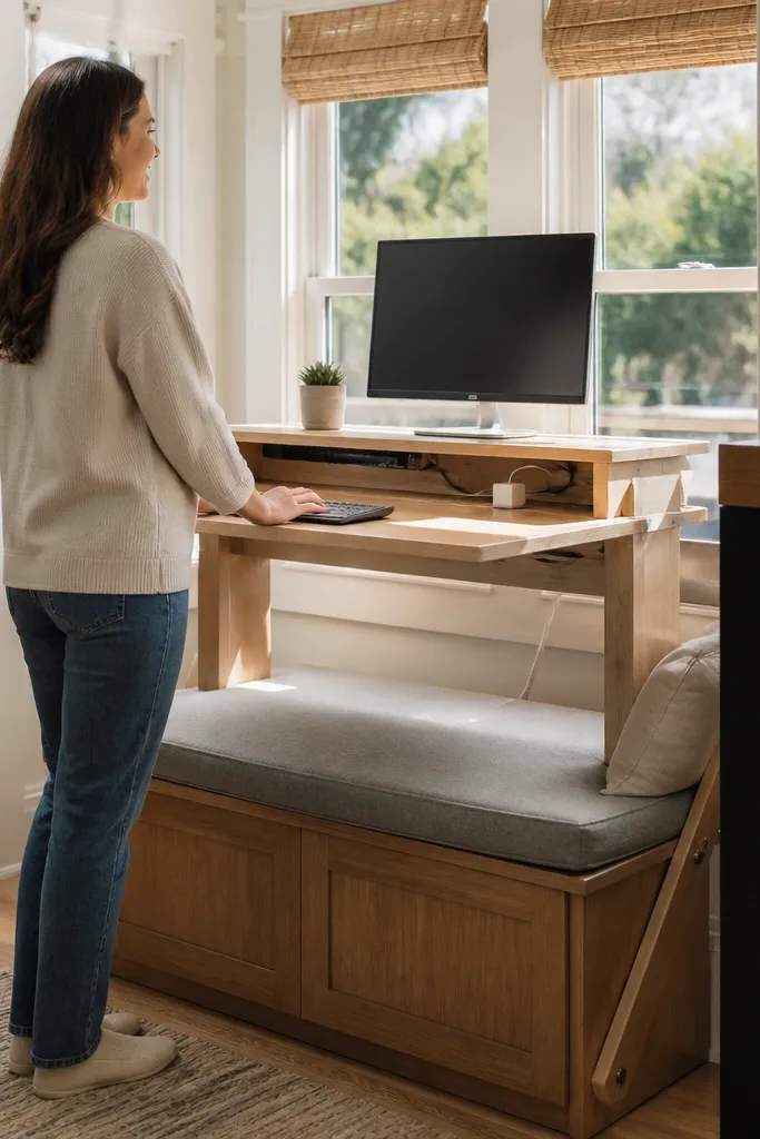 Standing desk setup on bay seat with neatly managed cables