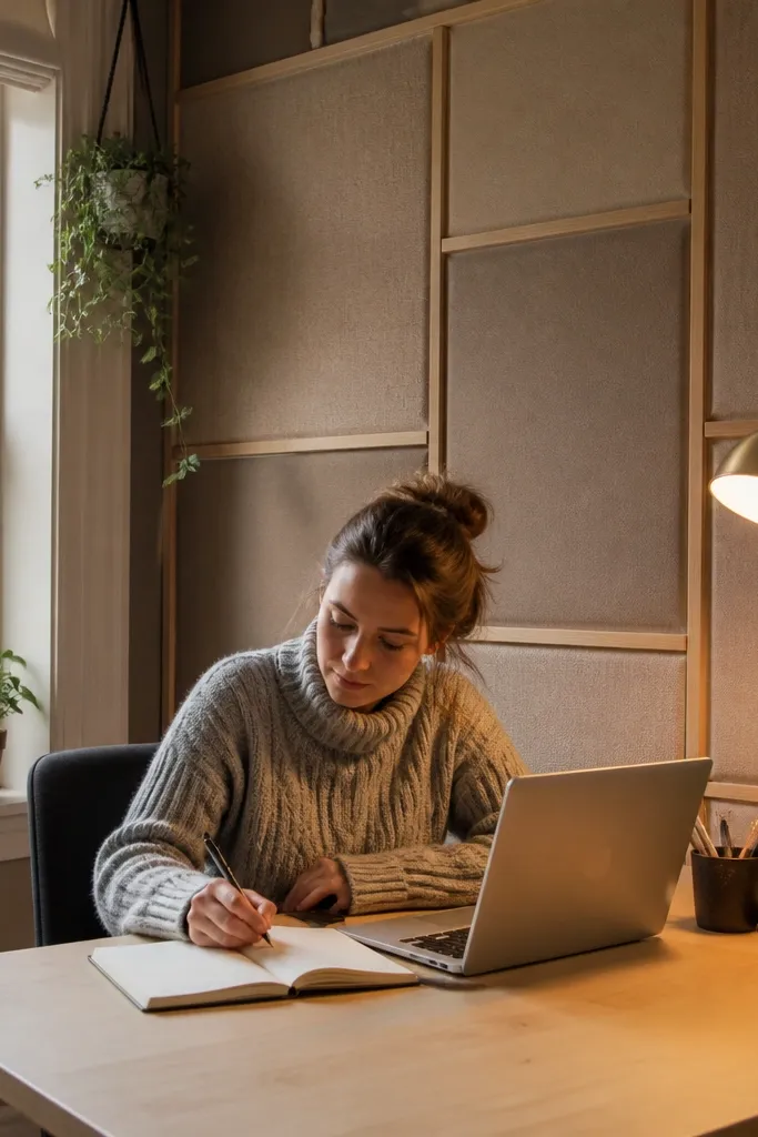 Fabric panel backdrop framed behind desk in a bay window