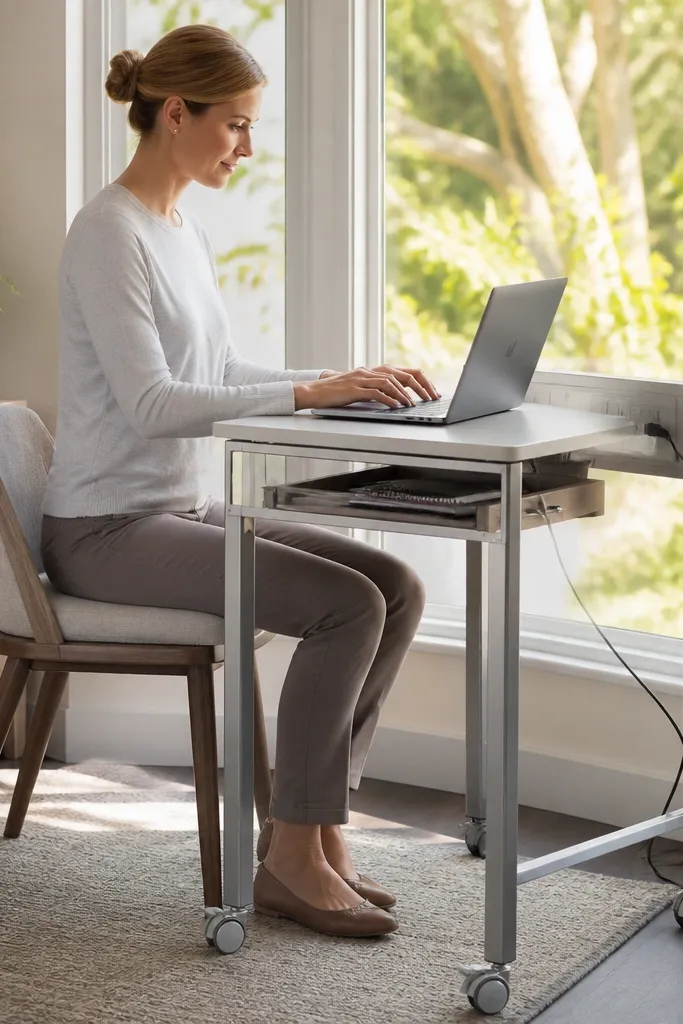 Slim rolling cart beside bay window used as a desk with power strip hidden
