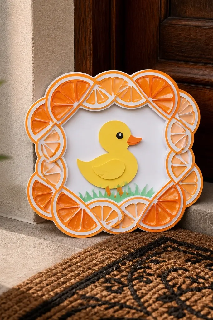 Yellow and orange paper duck-shaped welcome sign with slice-like border