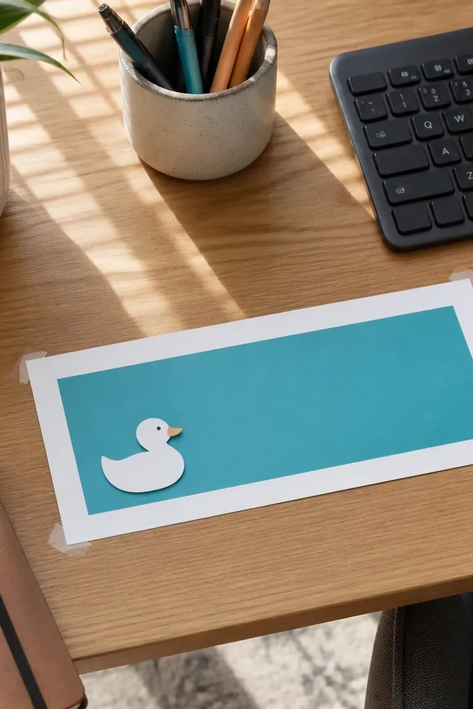 White paper nameplate with a duck-themed label and clean tape tabs on the back